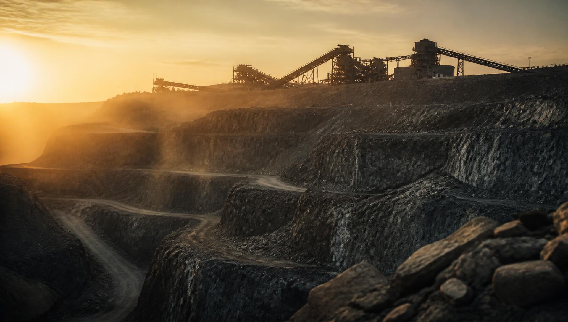 Quarry at sunrise with crushing plant on the horizon