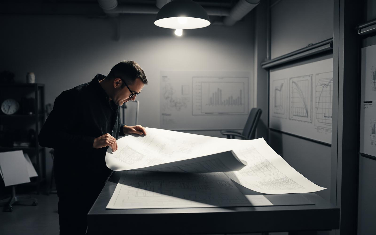 Engineer studying blueprints